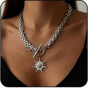 Silver Chunky Big Statement Necklace Large Thick Cuban Link Chain Charm Pendant